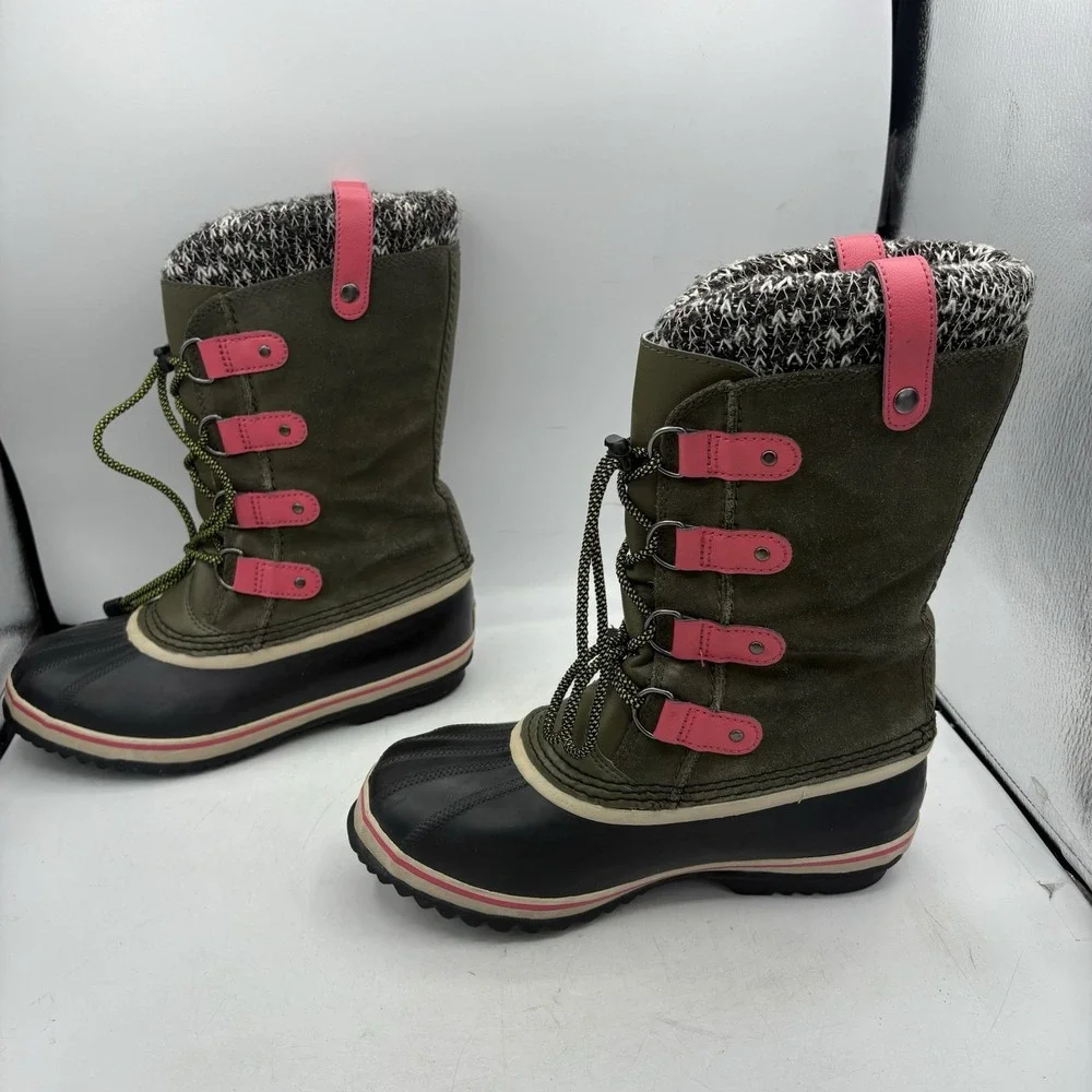 Sorel Winter Boots Girls Youth Size 6 Joan Of‎ Arctic Olive Green Snow Pink Draw